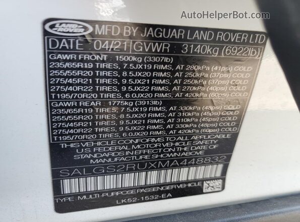 SALGS2RUXMA448832 2021 LAND ROVER RANGE White Панорамний вид салону 360°