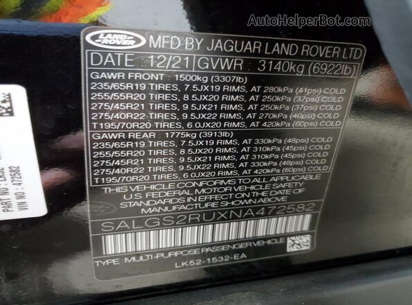 SALGS2RUXNA472582 2022 LAND ROVER RANGE Black Սալոնի 360 աստիճան տեսք