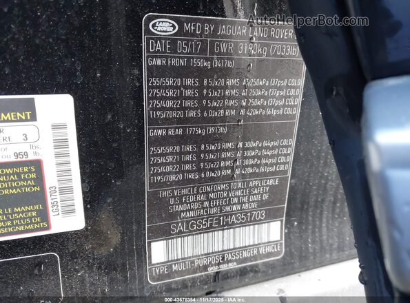 SALGS5FE1HA351703 2017 LAND ROVER RANGE ROVER Black Շարժիչի բաժամունքի տեսք