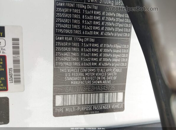 SALGW3FE3HA343725 2017 LAND ROVER RANGE ROVER White Շարժիչի բաժամունքի տեսք
