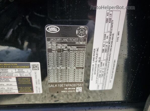 SALK19E74PA087561 2023 LAND ROVER RANGE Black Widok naklejki z numerem VIN