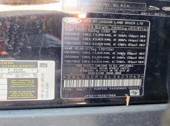 SALRG2RV8L2423049 2020 LAND ROVER DISCOVERY Black Widok naklejki z numerem VIN