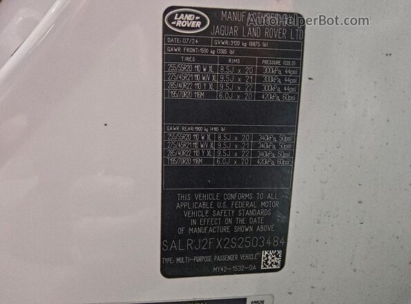 SALRJ2FX2S2503484 2025 LAND ROVER DISCOVERY White VIN կոդի պիտակի տեսք