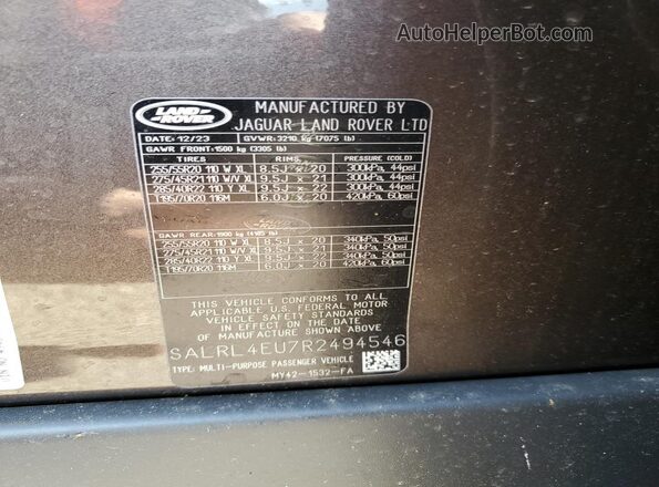 SALRL4EU7R2494546 2024 LAND ROVER DISCOVERY Burn Vista de la etiqueta del VIN