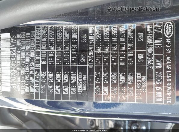 SALVP2RX9KH340418 2019 LAND ROVER RANGE ROVER EVOQUE Blue Engine compartment view