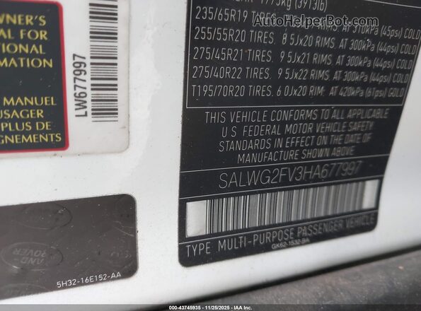 SALWG2FV3HA677997 2017 LAND ROVER RANGE ROVER SPORT White Շարժիչի բաժամունքի տեսք