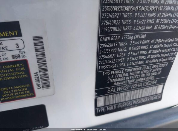 SALWR2FV8HA136244 2017 LAND ROVER RANGE ROVER SPORT White Engine compartment view