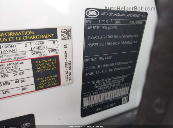 SALWR2RV0KA842451 2019 LAND ROVER RANGE ROVER SPORT Белый Вид подкапотного пространства