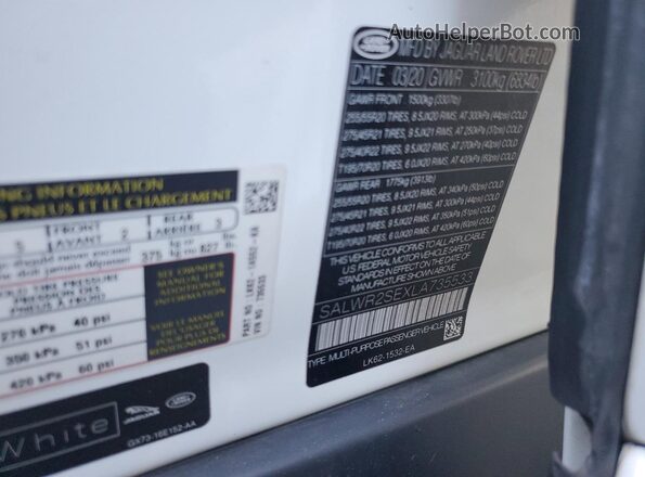 SALWR2SEXLA735533 2020 LAND ROVER RANGE White Widok wnętrza 360 stopni