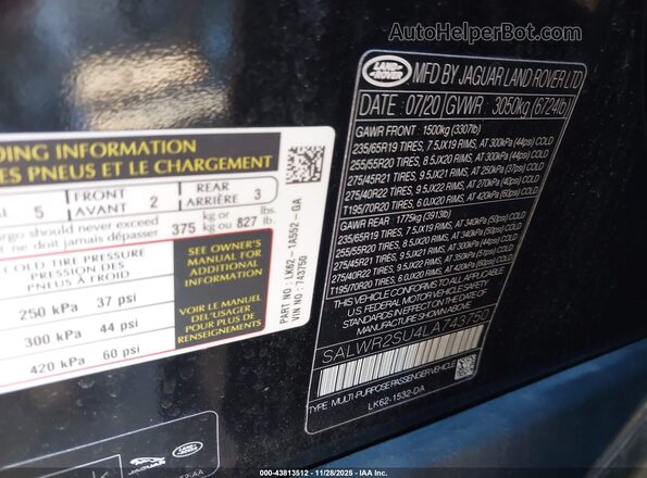 SALWR2SU4LA743750 2020 LAND ROVER RANGE ROVER SPORT Black 