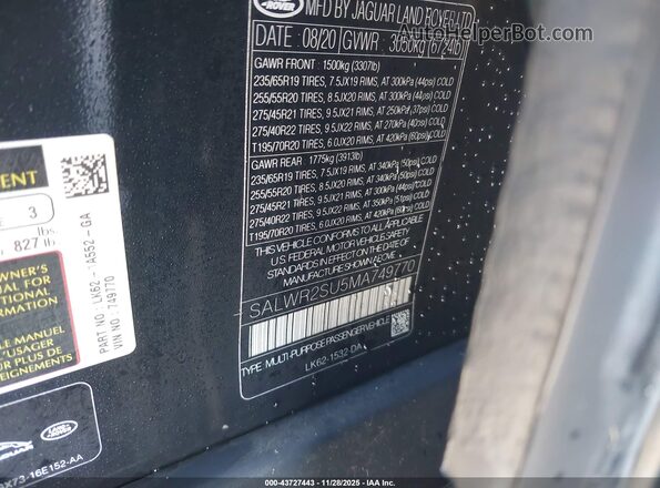 SALWR2SU5MA749770 2021 LAND ROVER RANGE ROVER SPORT Black ძრავის განყოფილების ხედი