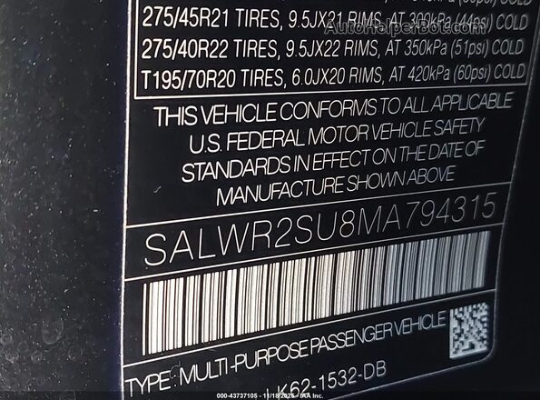 SALWR2SU8MA794315 2021 LAND ROVER RANGE ROVER SPORT Black Вид підкапотного простору