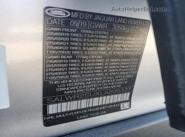 SALWR2SUXLA895337 2020 LAND ROVER RANGE Silver Widok naklejki z numerem VIN