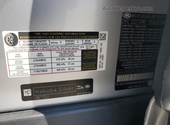 SALWS2RU6NA224051 2022 LAND ROVER RANGE Серебряный Вид наклейки с VIN-кодом