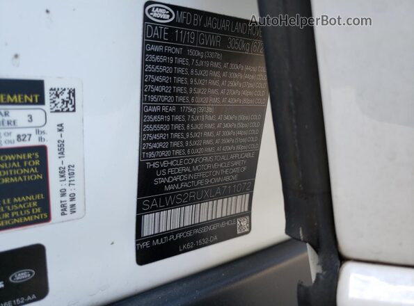 SALWS2RUXLA711072 2020 LAND ROVER RANGE White Widok wnętrza 360 stopni