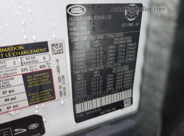 SALWV2SV2JA411758 2018 LAND ROVER RANGE Белый Панорамный вид салона 360°
