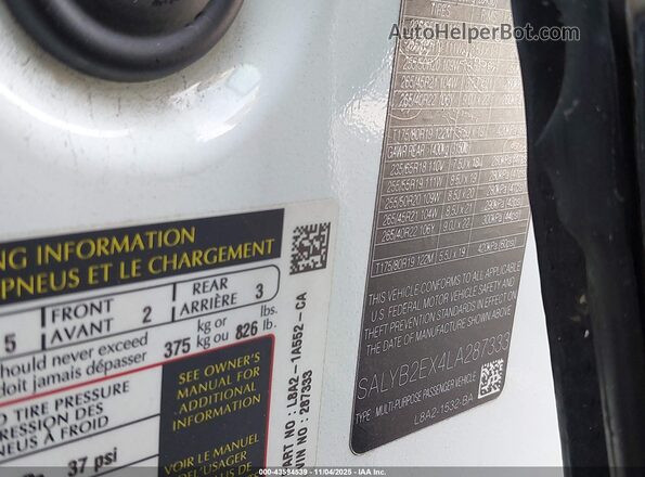 SALYB2EX4LA287333 2020 LAND ROVER RANGE ROVER VELAR White ძრავის განყოფილების ხედი