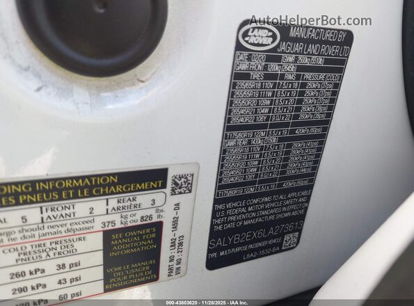 SALYB2EX6LA273613 2020 LAND ROVER RANGE ROVER VELAR White Вид підкапотного простору
