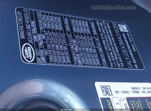SALYJ2EX3MA316356 2021 LAND ROVER RANGE ROVER VELAR Синий Вид подкапотного пространства