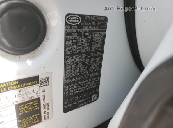 SALYT2EX3MA304878 2021 LAND ROVER RANGE Белый Вид наклейки с VIN-кодом