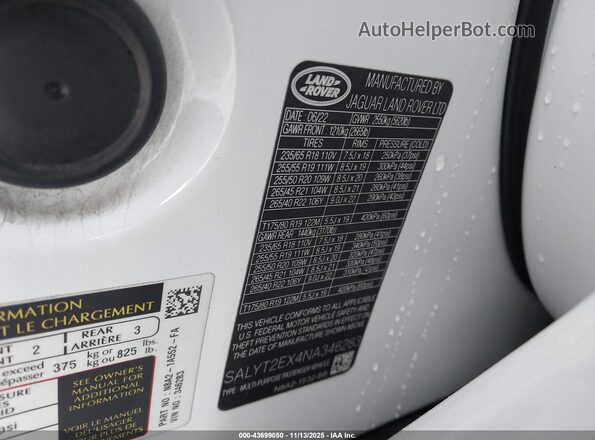 SALYT2EX4NA346283 2022 LAND ROVER RANGE ROVER VELAR White Widok komory silnika