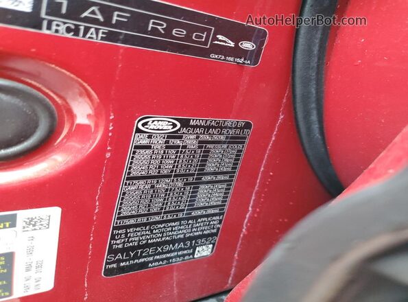 SALYT2EX9MA313522 2021 LAND ROVER RANGE Red ძრავის განყოფილების ხედი