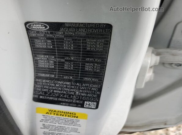 SALZJ2FX4LH016592 2020 LAND ROVER RANGE Белый Вид подкапотного пространства