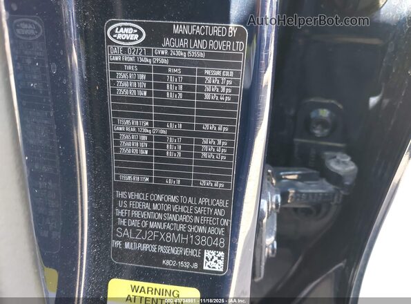 SALZJ2FX8MH138048 2021 LAND ROVER RANGE ROVER EVOQUE Dark Blue Engine compartment view