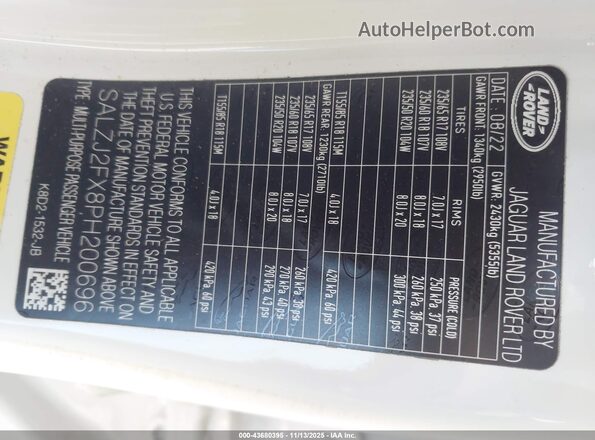 SALZJ2FX8PH200696 2023 LAND ROVER RANGE ROVER EVOQUE White Շարժիչի բաժամունքի տեսք