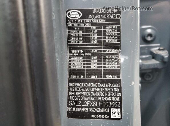 SALZL2FX8LH003662 2020 LAND ROVER RANGE Gray VIN კოდის სტიკერის ხედი