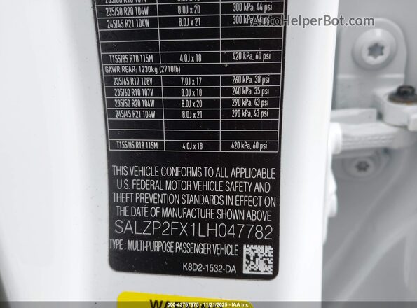 SALZP2FX1LH047782 2020 LAND ROVER RANGE ROVER EVOQUE White ძრავის განყოფილების ხედი