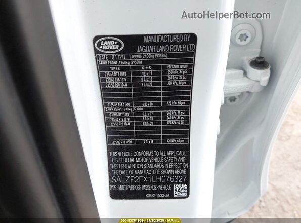 SALZP2FX1LH076327 2020 LAND ROVER RANGE ROVER EVOQUE White Engine compartment view