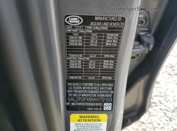 SALZP2FX6NH172103 2022 LAND ROVER RANGE Gray 