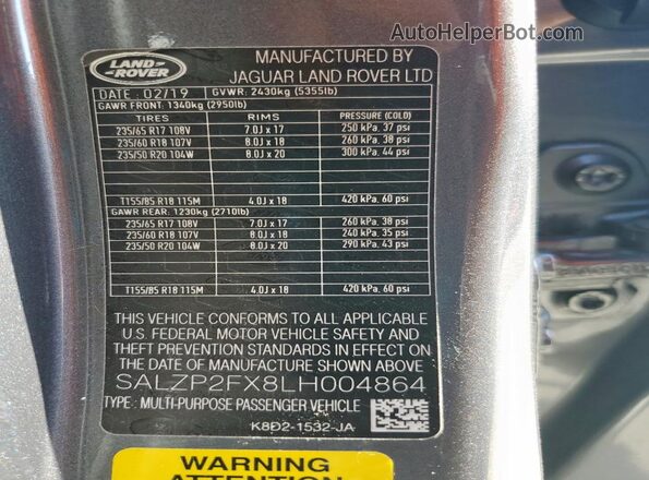 SALZP2FX8LH004864 2020 LAND ROVER RANGE Gray Vista de la etiqueta del VIN