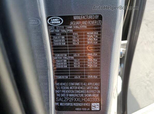 SALZP2FXXLH040393 2020 LAND ROVER RANGE Gray Вид наклейки з VIN-кодом