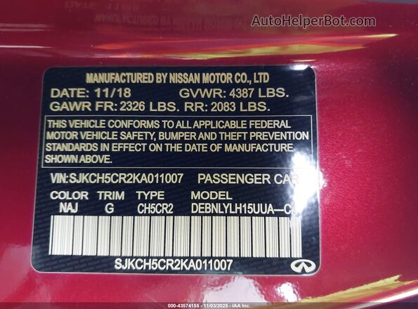 SJKCH5CR2KA011007 2019 INFINITI QX30 Red Շարժիչի բաժամունքի տեսք