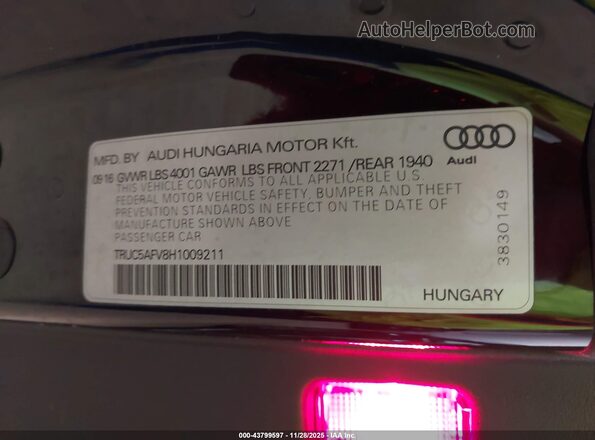 TRUC5AFV8H1009211 2017 AUDI TT Black Engine compartment view