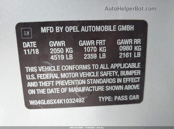 W04GL6SX4K1032492 2019 BUICK REGAL Серебряный Вид подкапотного пространства