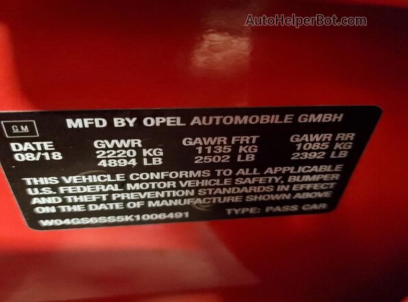 W04GS6SS5K1006491 2019 BUICK REGAL Red Widok naklejki z numerem VIN