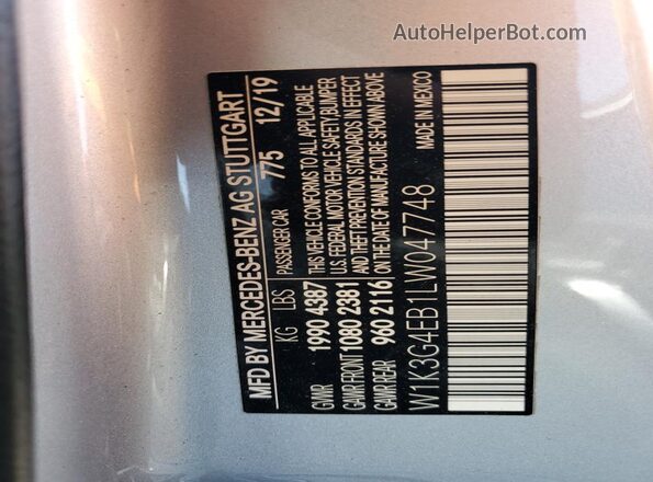W1K3G4EB1LW047748 2020 MERCEDES-BENZ A Серебряный Вид наклейки с VIN-кодом