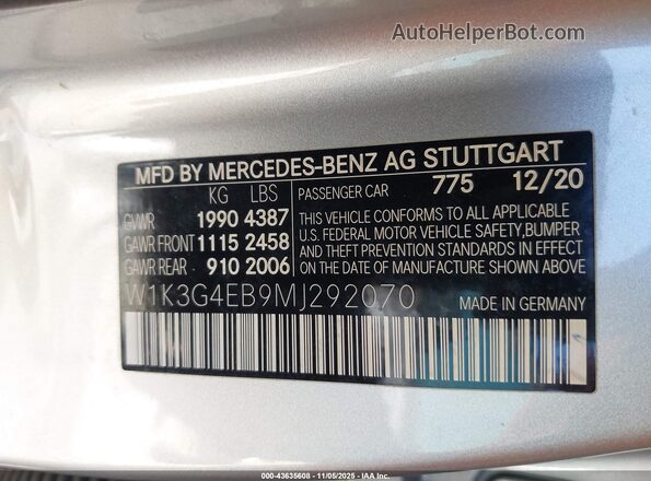 W1K3G4EB9MJ292070 2021 MERCEDES-BENZ A 220 Silver Engine compartment view