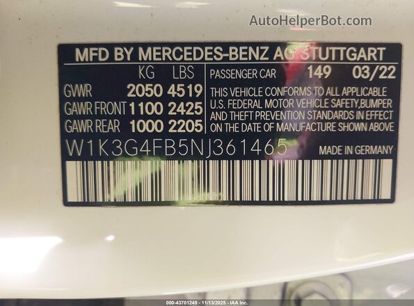 W1K3G4FB5NJ361465 2022 MERCEDES-BENZ A 220 White 