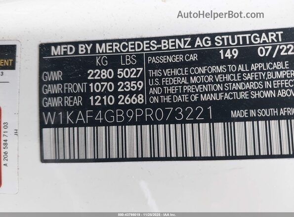 W1KAF4GB9PR073221 2023 MERCEDES-BENZ C-CLASS White 