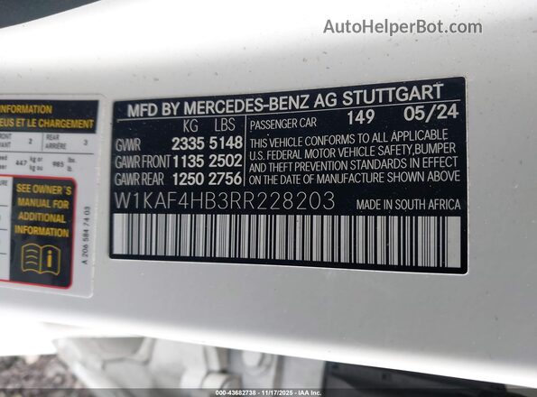 W1KAF4HB3RR228203 2024 MERCEDES-BENZ C-CLASS Белый 