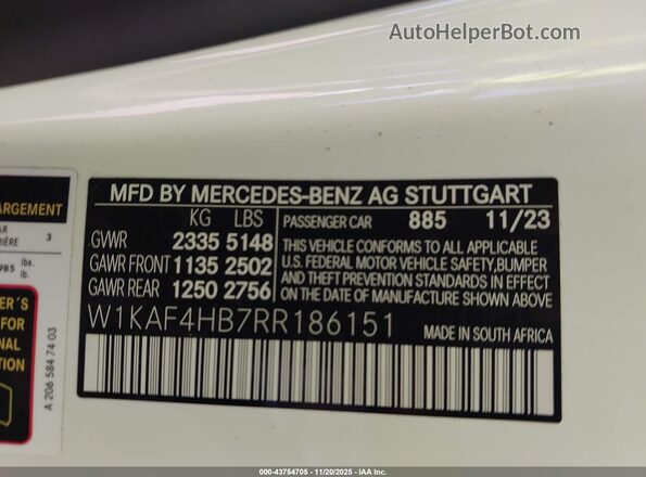 W1KAF4HB7RR186151 2024 MERCEDES-BENZ C-CLASS Белый 