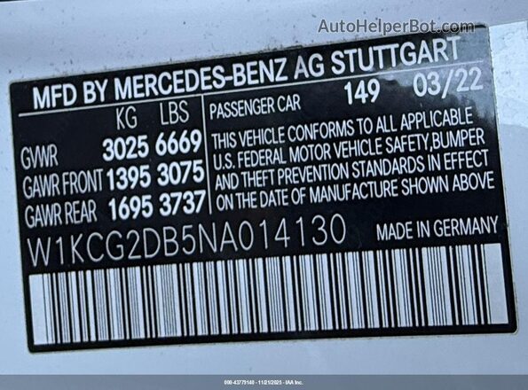 W1KCG2DB5NA014130 2022 MERCEDES-BENZ EQS SEDAN White VIN კოდის სტიკერის ხედი