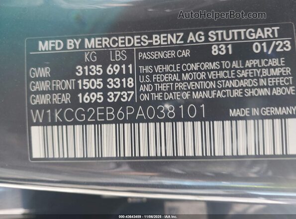 W1KCG2EB6PA038101 2023 MERCEDES-BENZ EQS 450 Black Vista de la etiqueta del VIN