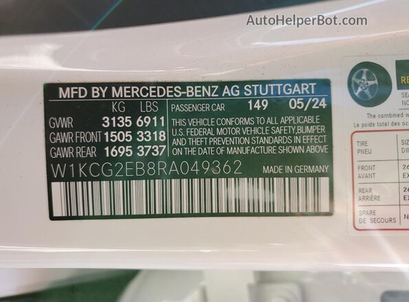 W1KCG2EB8RA049362 2024 MERCEDES-BENZ EQS White Widok naklejki z numerem VIN