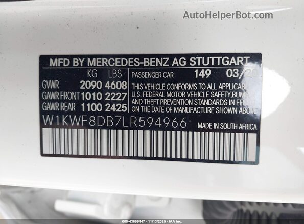 W1KWF8DB7LR594966 2020 MERCEDES-BENZ C-CLASS White Вид підкапотного простору