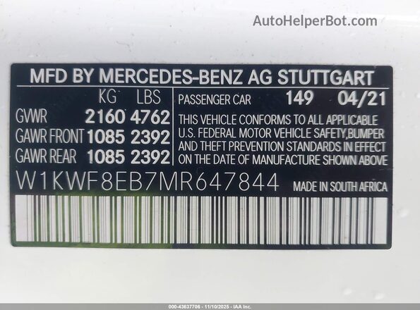 W1KWF8EB7MR647844 2021 MERCEDES-BENZ C-CLASS White Вид підкапотного простору